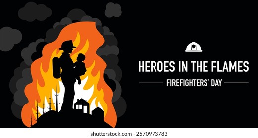 Heroic Firefighter Silhouette Rescuing a Child from a Burning Building, Conceptual Vector Illustration for Banners, Posters, and Firefighter Awareness, etc