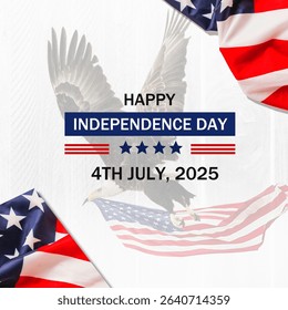 Heroic Fourth of July Independence Day 2025 Card with Eagle Carries USA Flag. Independence Day USA 2025 Card with Flag Themed Background. Illustration