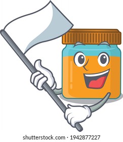 A heroic honey jar mascot character design with white flag