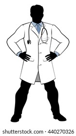 A heroic looking doctor in silhouette in hero pose