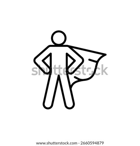 Heroic man with cape icon, superhero symbol in thin line style, bravery and super power representation, proud confident pose.