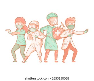 Heroic medical healthcare workers fight covid 19 vector illustration