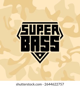 Emblema de Música Heroica. Ícone de potência de graves. Emblema geométrico para DJ, EDM e Audio Branding. Super Bass Logo em fundo de camuflagem.