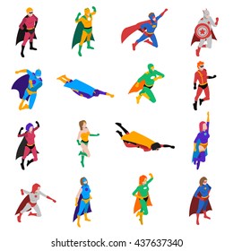 Heroic powerful superhero popular strip cartoon character in action isometric icons collection abstract isolated vector illustration