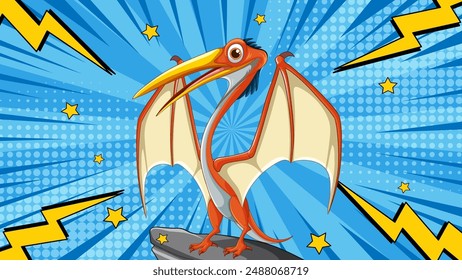 A heroic pterodactyl in a comic-style scene