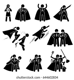 Heroine Female Superhero. Cliparts Depicts A Super Powerful Woman In Various Poses And Actions. She Is Also A Busy Mom That Can Do Housework And Take Care Of Her Family.