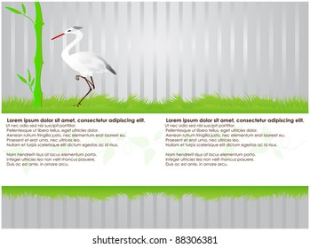 Heron and bamboo with green grass on striped background