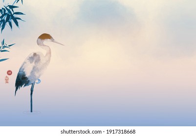 Heron and bamboo leaves in fog. Traditional oriental ink painting sumi-e, u-sin, go-hua. Translation of hieroglyph - zen.