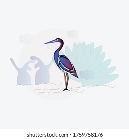 Heron bay illustration design vector, egret bird, background image, bird character design