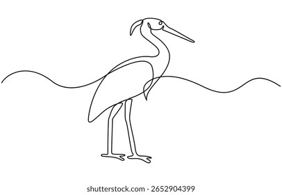 Heron bird continuous one line art outline simple vector drawing minimalist best use for logo, Template for your design works. Vector illustration, heron, egret flapping its wings, side view.