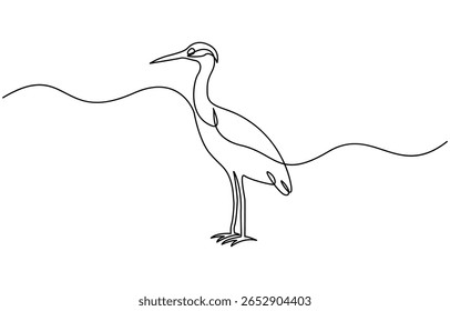 Heron bird continuous one line art outline simple vector drawing minimalist best use for logo, Template for your design works. Vector illustration, heron, egret flapping its wings, side view.