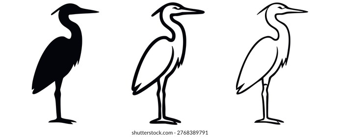 Heron Bird Icon Set - Elegant Waterbird Vector Illustration