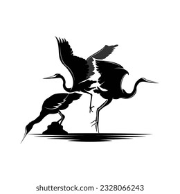 Heron Bird Logo, Vector Bird Flying Stork Heron, Animal Silhouette Design, Ilustrasi Templet