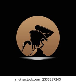 Heron Bird Logo, Vector Bird Flying Stork Heron, Animal Silhouette Design, Ilustrasi Templet