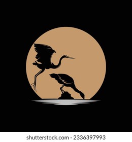 Heron Bird Logo, Vector Bird Flying Stork Heron, Animal Silhouette Design, Ilustrasi Templet