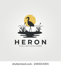 heron bird logo with vintage style vector icon illustration design, template, sign and symbol