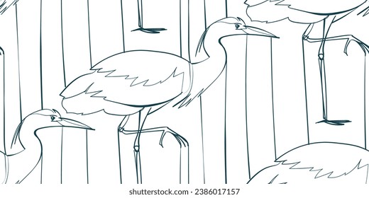 heron bird naturaleza fauna silvestre artística de entrada sin costal vector de tinta una línea patrón mano dibujado 