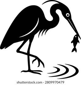 Heron bird silhouette catching a small fish in water vector illustration