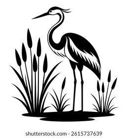 Heron Bird Silhouette in Wetland with Cattails Black and White Vector Illustration