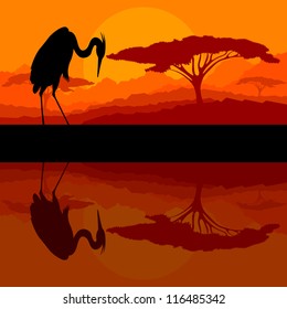 Heron bird silhouette  in wild mountain nature landscape background illustration vector