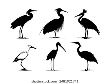 Heron Bird Silhouettes Set vector