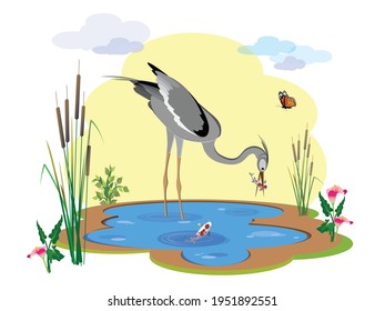 A heron bird stands in the lake water and holds a koi fish in its beak. Vector illustration for design. 