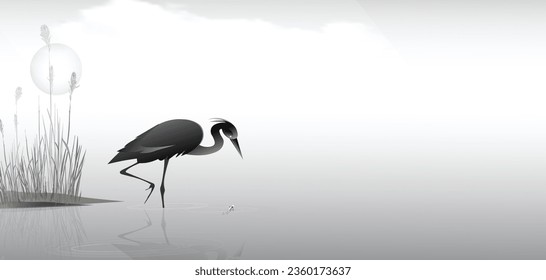 Un ave de garza sobre una pierna en el agua del lago y coge un pez koi en el fondo de un arbusto de cola. La garza busca presas en el agua. Dibujo vectorial en blanco y negro.