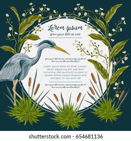 Heron bird and and swamp plants. Marsh flora and fauna. Design for banner, poster, card, invitation and scrapbook. Botanical vector illustration in watercolor style