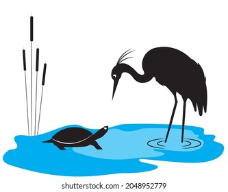 Heron bird and turtle silhouette on pond, vector. Cute fun cartoon design. Natural wall art, artwork. Kids wall decals