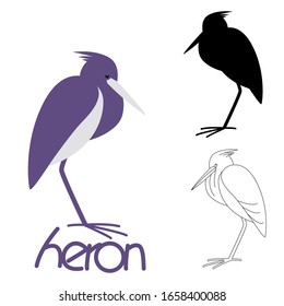 heron bird, vector illustration, flat style, silhouette and line drawn