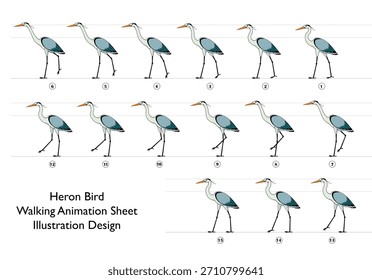 Ilustración de la hoja de la animación de caminar del pájaro de la garza, ciclo de la caminata de la garza de la historieta Vector de la hoja de dibujo, caminar, marcos, animación, Arte vectorial 