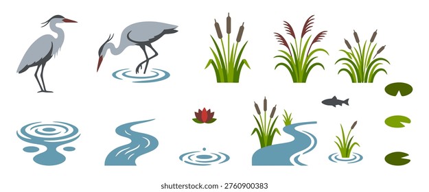 Heron bird and wetland nature elements set with reeds, water ripples, lily pads, fish and marsh plants Flat vector illustration