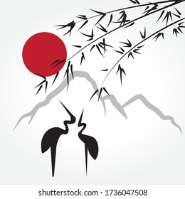 heron birds with mountain, bamboo plants and red sun in behind, vector