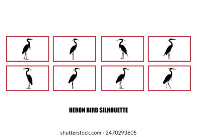 Heron Birds silhouette illustration set, Silhouette of standing Heron 