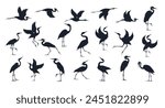 Heron birds silhouette set isolated on white background. Flying, standing, running, walking and dancing herons. Vector drawings collection.