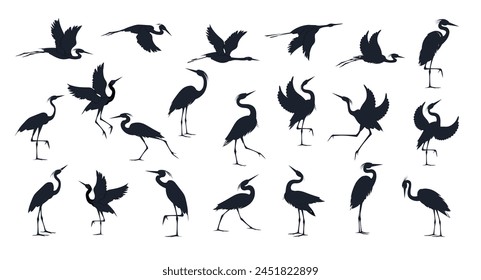 Heron birds silhouette set isolated on white background. Flying, standing, running, walking and dancing herons. Vector drawings collection.