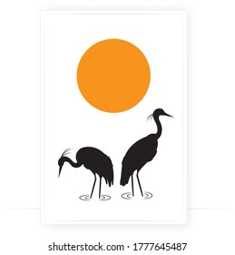 Heron birds silhouettes on sunset, vector illustration. Scandinavian minimalist art design. Poster design, wall artwork, wall decals. 