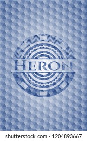 Heron blue emblem with geometric background.