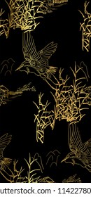 heron bulrush vector seamless japanese chinese pattern gold black traditional
