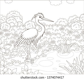 Heron by a small lake among cane, grass and flowers of a meadow on a summer day, vector illustration in a cartoon style