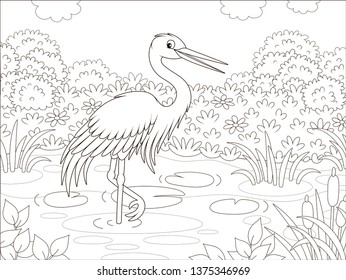 Heron by a small lake among cane, grass and flowers of a meadow on a summer day, vector illustration in a cartoon style