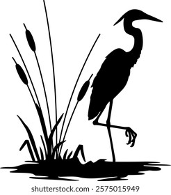 Heron and Cattails Marsh Digital EPs Vector graphics File
