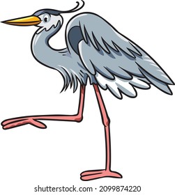 Heron. Children vector illustration. Funny bird standing on his paws