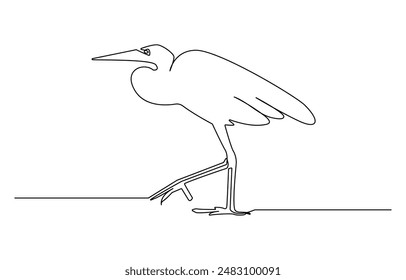 Heron, continuous line drawing, small tattoo, print for clothes and logo design, emblem or logo design, Single continuous line drawing of adorable standing heron, heron, egret flapping its wings, side