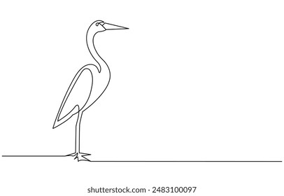 Heron, continuous line drawing, small tattoo, print for clothes and logo design, emblem or logo design, Single continuous line drawing of adorable standing heron, heron, egret flapping its wings, side