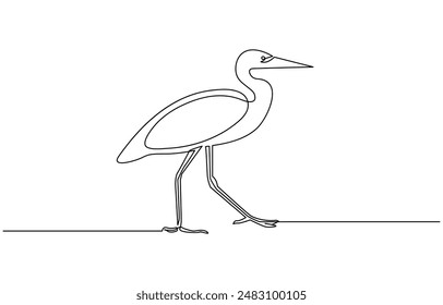Heron, continuous line drawing, small tattoo, print for clothes and logo design, emblem or logo design, Single continuous line drawing of adorable standing heron, heron, egret flapping its wings, side