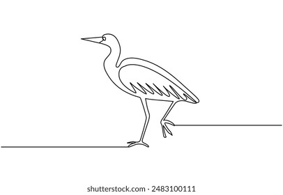 Heron, continuous line drawing, small tattoo, print for clothes and logo design, emblem or logo design, Single continuous line drawing of adorable standing heron, heron, egret flapping its wings, side