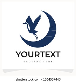 Heron and Crescent Moon Logo Design Template