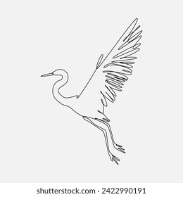 heron, egret flapping its wings, side view. birds with continuous one line drawing. editable stroke. vector illustration.