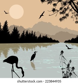 Heron an flamingo silhouettes on river at beautiful place, illustration background